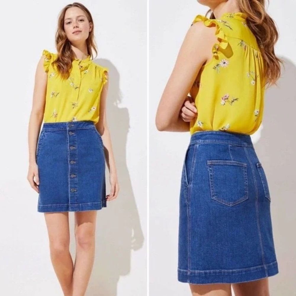 Loft Blue Denim 4-Pocket Button Up A-line Pencil Petite Skirt Size 2P
